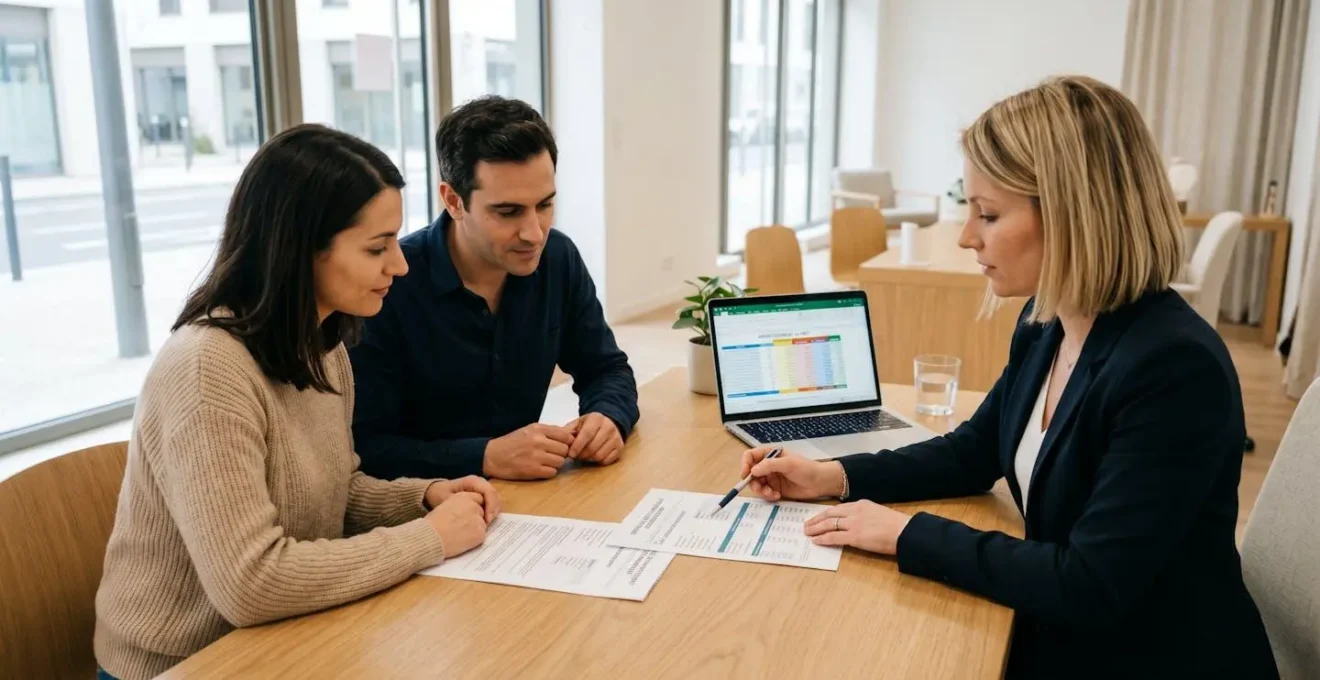 Conseiller bancaire accompagnant un jeune couple dans l'étude de leur projet de prêt immobilier dans un bureau d'agence contemporain