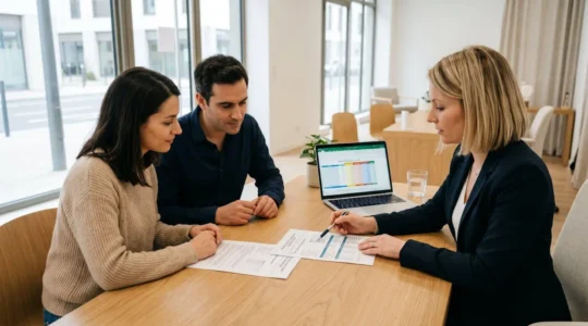Conseiller bancaire accompagnant un jeune couple dans l'étude de leur projet de prêt immobilier dans un bureau d'agence contemporain