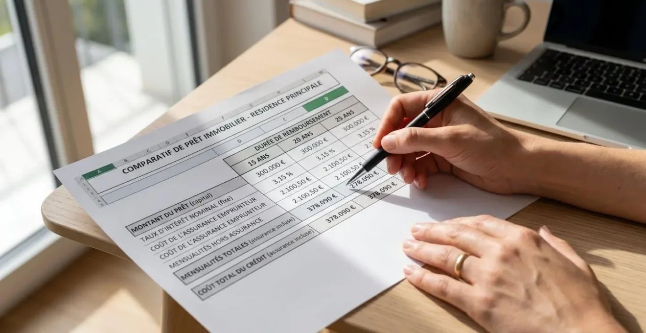 Document de simulation bancaire comparant les mensualités et coûts totaux pour trois durées d'emprunt immobilier différentes