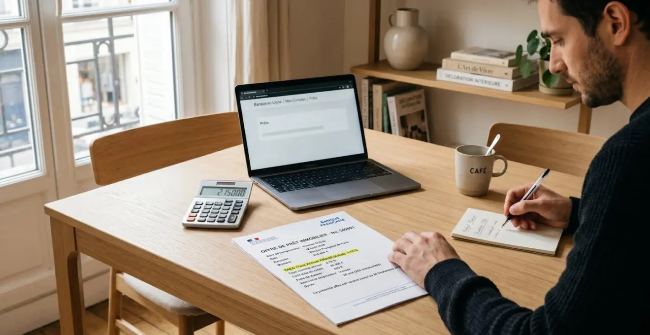 Offre de prêt immobilier officielle avec mention du TAEG surlignée, posée sur une table avec calculatrice