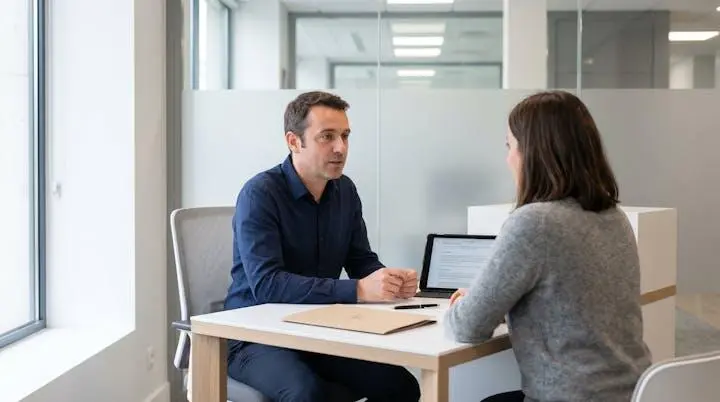 Entretien conseil entre conseiller bancaire et cliente dans agence française moderne avec bureau épuré et architecture contemporaine