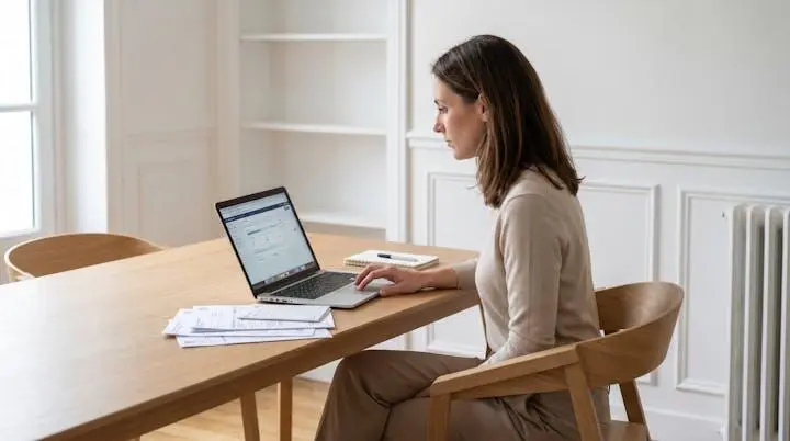Femme travaillant sur ordinateur portable avec documents financiers pour simulation prêt immobilier dans intérieur résidentiel français contemporain