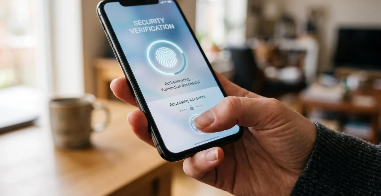 Gros plan sur un doigt utilisant le capteur d'empreinte digitale d'un smartphone pour s'authentifier sur une application bancaire