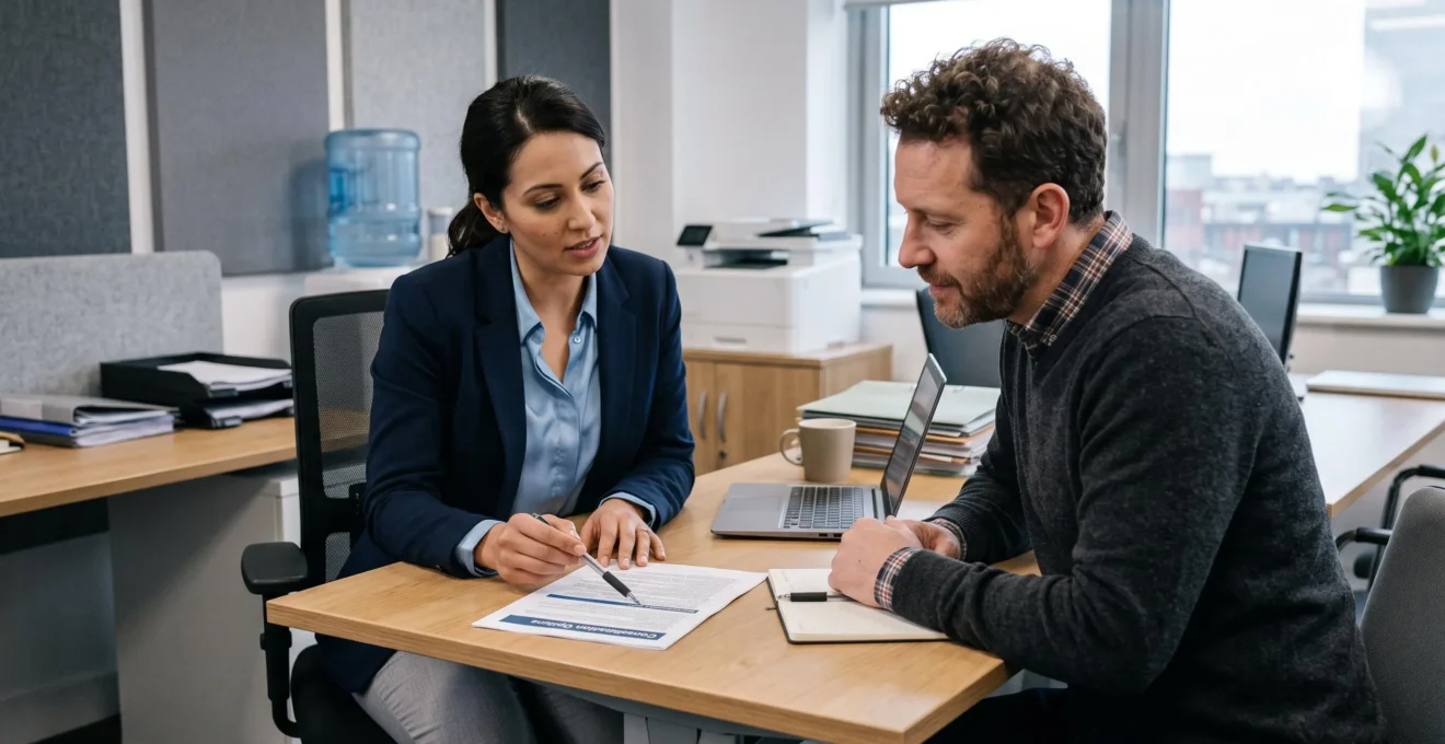 Un conseiller financier examine un dossier de rachat de crédit avec un client dans un bureau professionnel