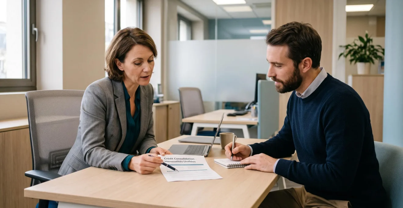 Une conseillère bancaire explique le mécanisme de regroupement de crédits à un client lors d'un entretien professionnel dans un bureau sobre.