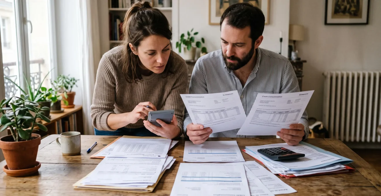 Un couple français organise et compare plusieurs documents de crédits à la consommation étalés sur une table avec une calculatrice dans un intérieur domestique.