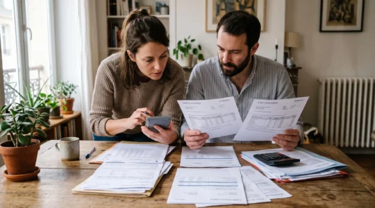 Un couple français organise et compare plusieurs documents de crédits à la consommation étalés sur une table avec une calculatrice dans un intérieur domestique.