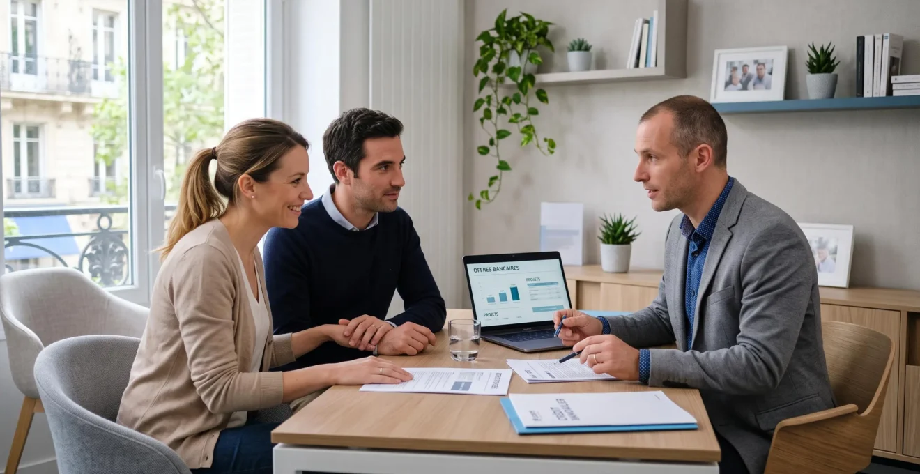 Un couple rencontre un conseiller bancaire dans un bureau moderne pour discuter des options de compte joint, tous trois assis autour d'un bureau avec ordinateur et documents
