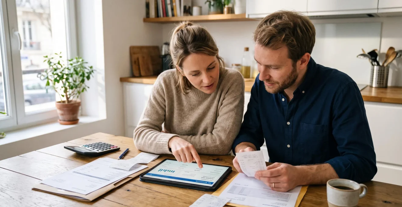 Un couple consulte ensemble une tablette pour gérer leur budget commun, assis à une table avec des documents financiers, dans un intérieur moderne éclairé naturellement