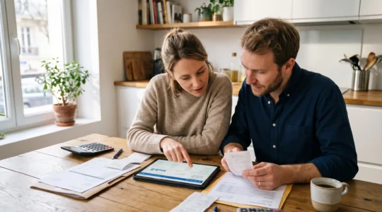 Un couple consulte ensemble une tablette pour gérer leur budget commun, assis à une table avec des documents financiers, dans un intérieur moderne éclairé naturellement