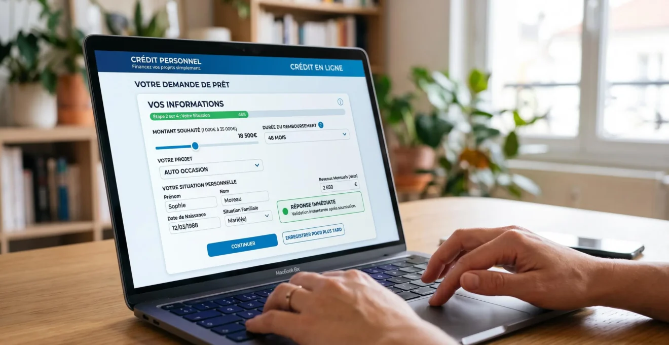 Gros plan sur un écran d'ordinateur portable affichant une interface de souscription de crédit en ligne avec formulaire partiellement rempli, montants entre 1 000€ et 35 000€, et mention 'Réponse immédiate', mains d'une personne sur le clavier