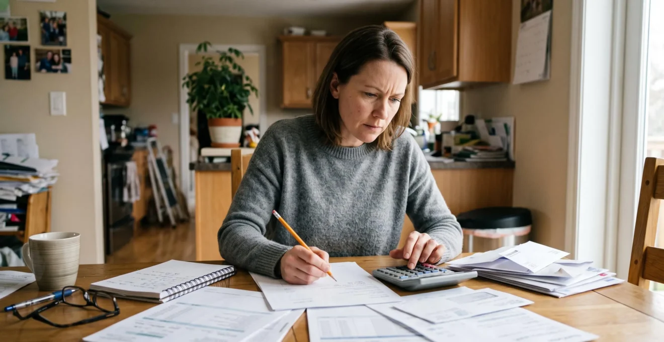Une personne organise et analyse plusieurs documents de crédits sur la table de sa cuisine avec une calculatrice