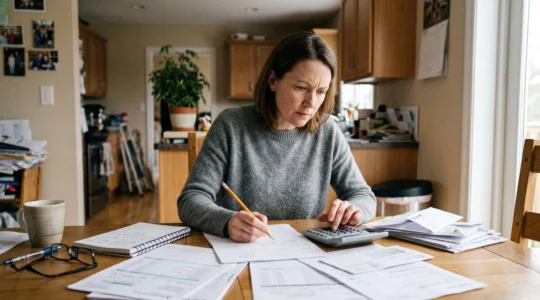 Une personne organise et analyse plusieurs documents de crédits sur la table de sa cuisine avec une calculatrice