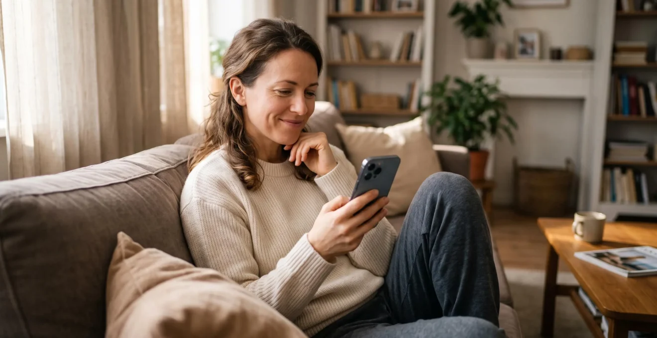 Une personne consulte sereinement son compte bancaire sur son smartphone dans un environnement confortable à domicile
