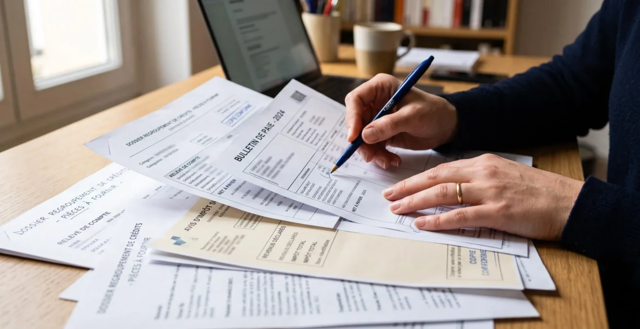 Gros plan sur des mains organisant des justificatifs administratifs nécessaires pour un dossier de regroupement de crédits, incluant bulletins de salaire et relevés bancaires.