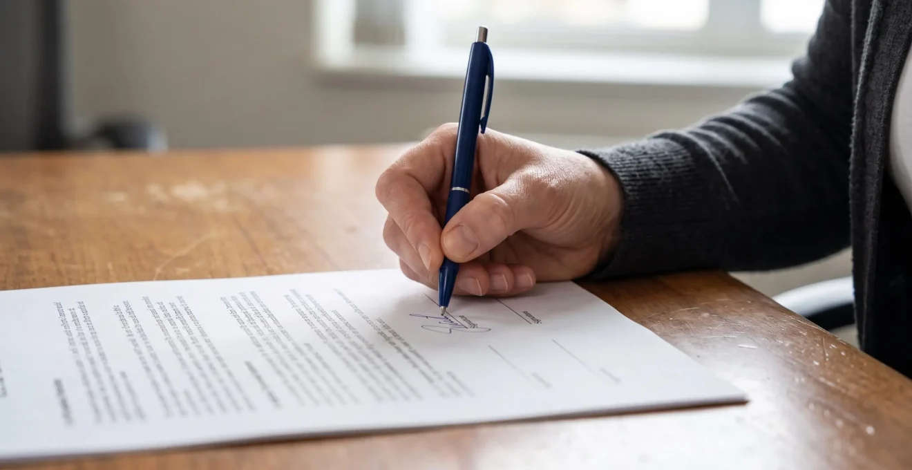 Une personne signe des documents de regroupement de crédits sur un bureau