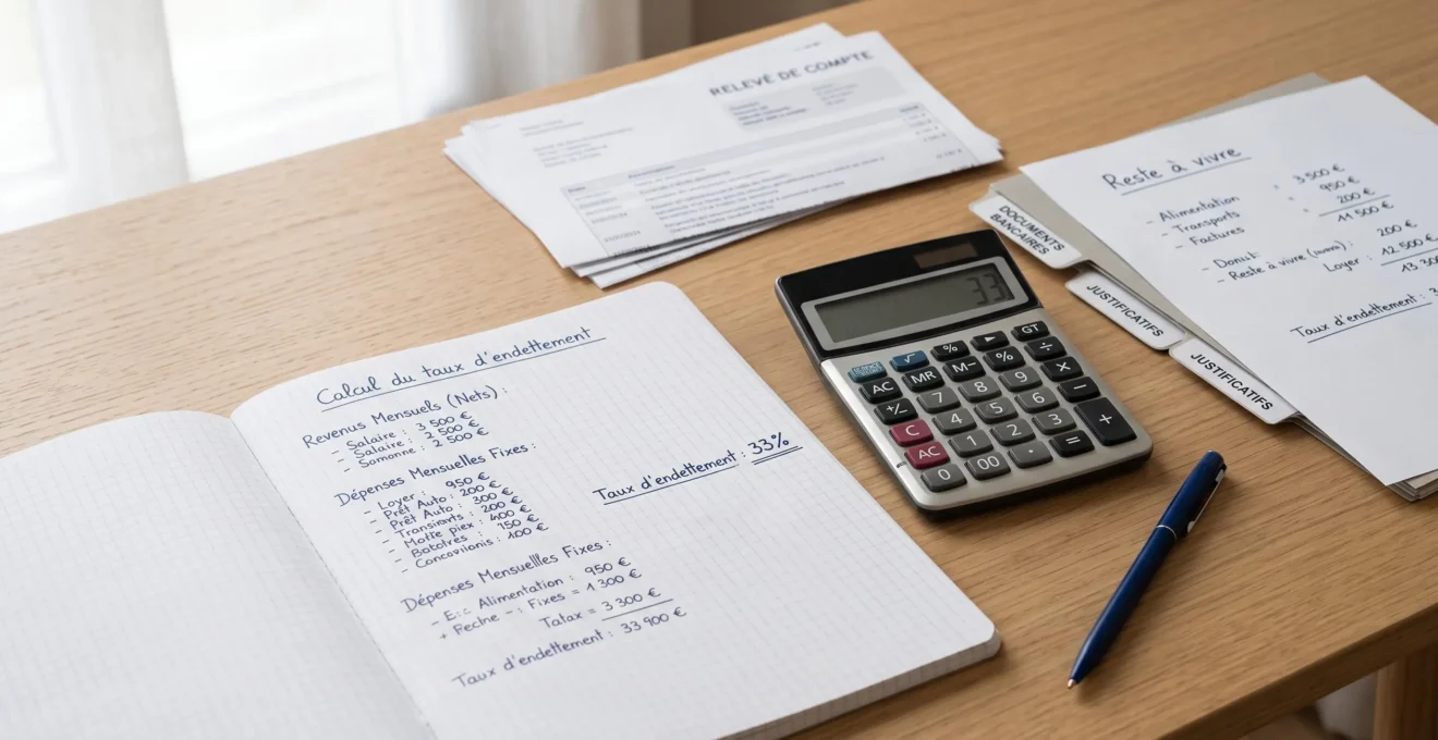 Vue en plongée sur un bureau avec fiche de calcul de taux d'endettement affichant 33%, calculatrice, stylo et relevés bancaires en arrière-plan, lumière naturelle douce