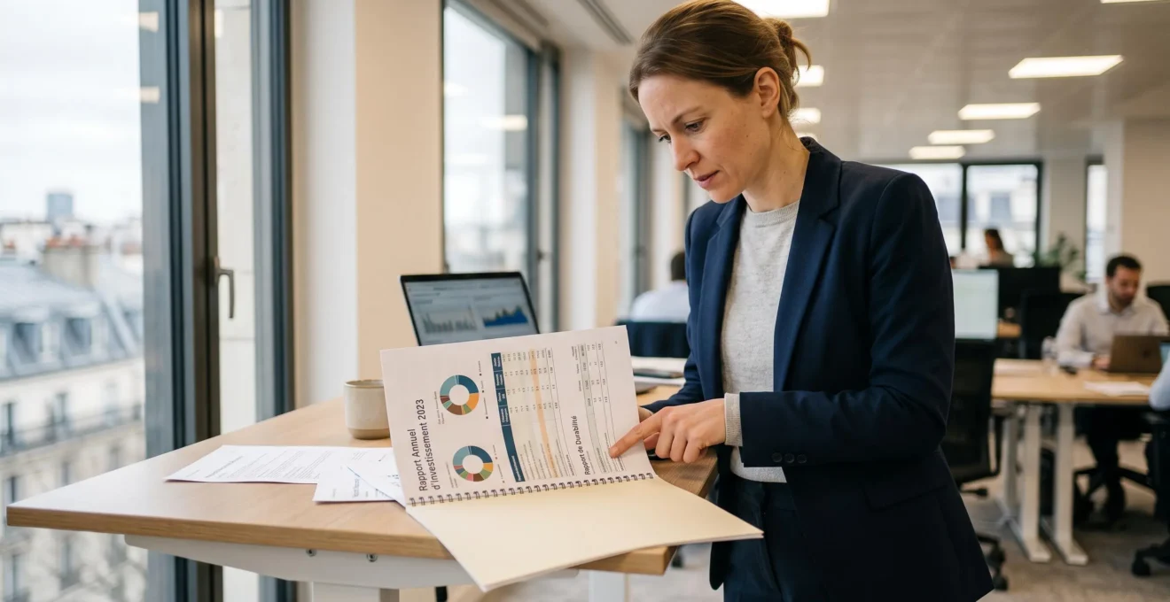 Analyste financier étudiant un rapport d'investissements bancaires debout à son bureau
