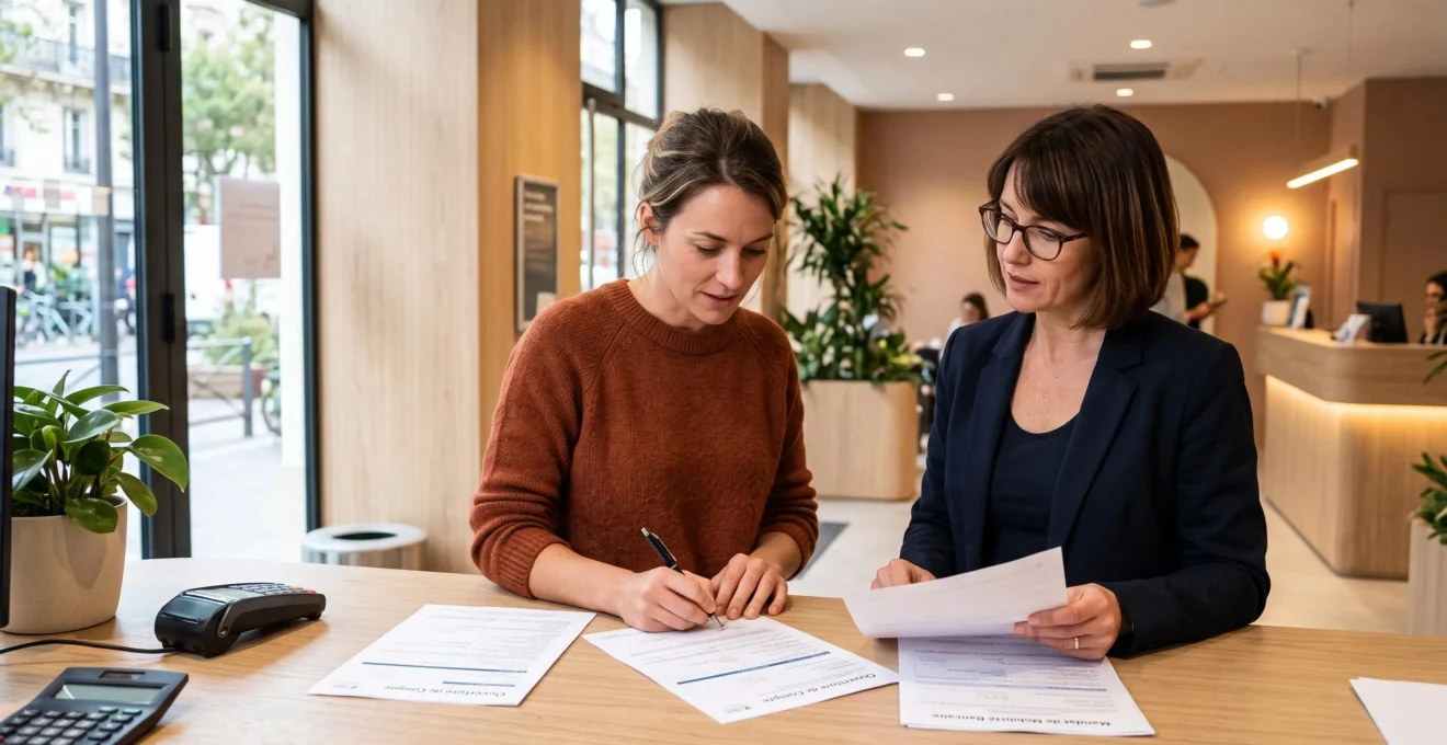Client signant des documents d'ouverture de compte dans une banque responsable assisté par un conseiller