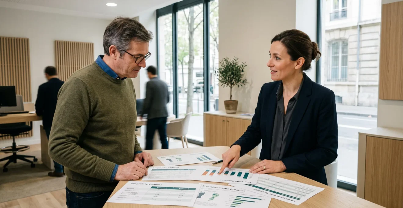 Conseiller bancaire expliquant à un client des options d'épargne responsable avec documents comparatifs sur une table