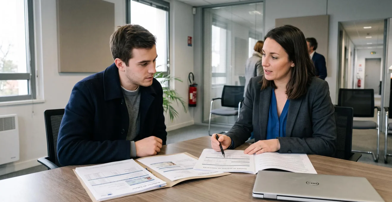 Un jeune homme examine son dossier de prêt immobilier avec une conseillère bancaire dans une agence en France, documents étalés sur la table.
