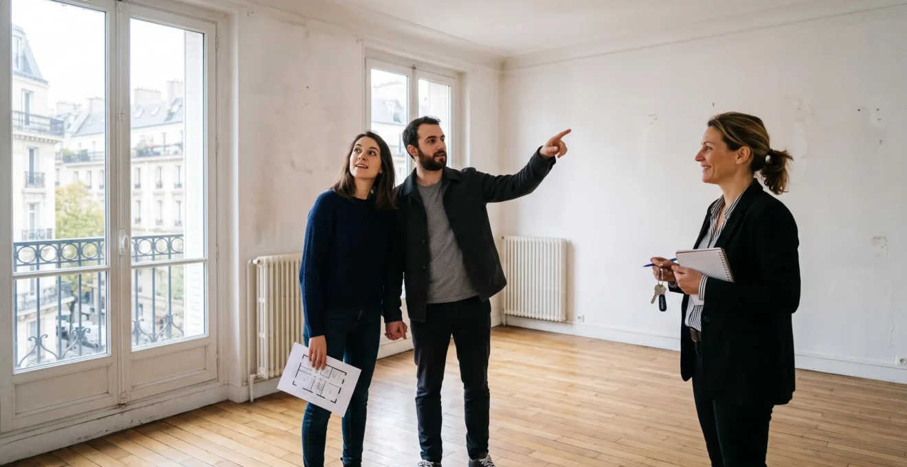 Un jeune couple visite un appartement vide en France, accompagné d'une agente immobilière tenant des clés, échangeant devant la pièce à vivre.