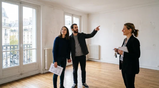 Un jeune couple visite un appartement vide en France, accompagné d'une agente immobilière tenant des clés, échangeant devant la pièce à vivre.