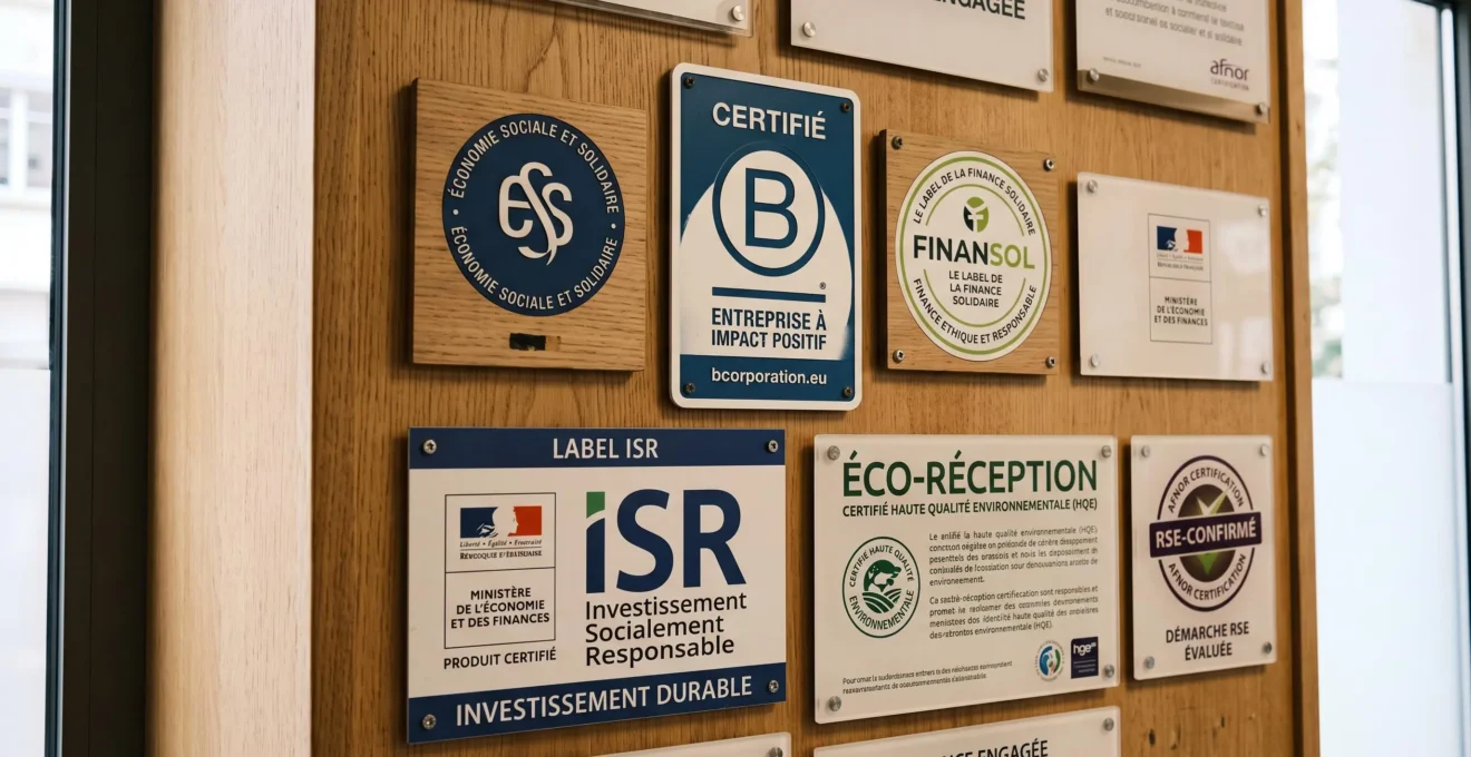 Labels et certifications officielles de finance responsable affichés sur le mur d'une agence bancaire éthique