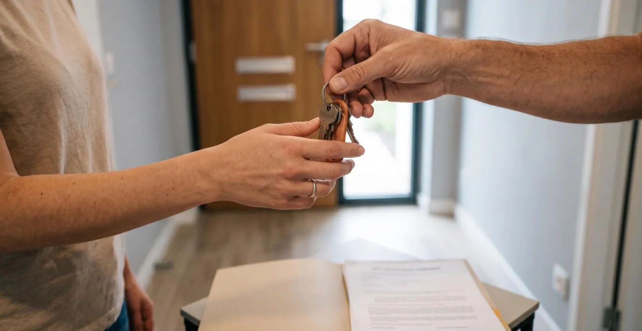 Gros plan sur une main recevant les clés d'un appartement lors d'une remise de clés devant la porte d'entrée d'un immeuble résidentiel.