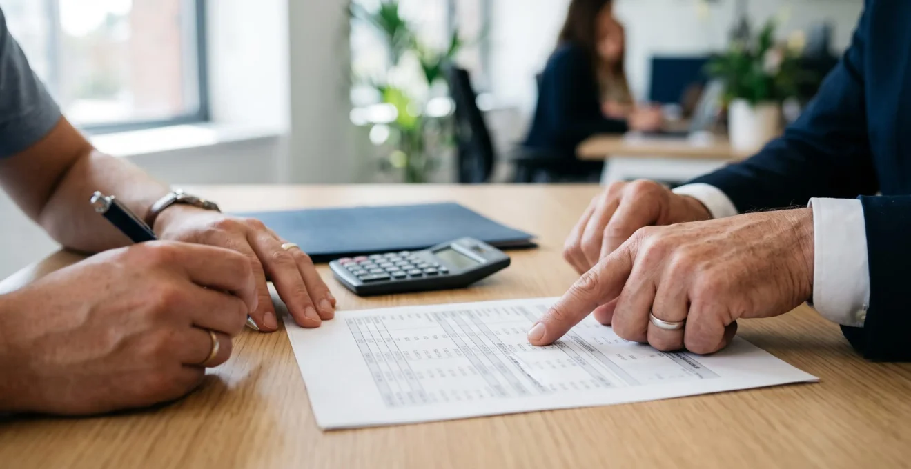 Les mains d'un conseiller et d'un client examinent un échéancier de prêt sur un bureau.