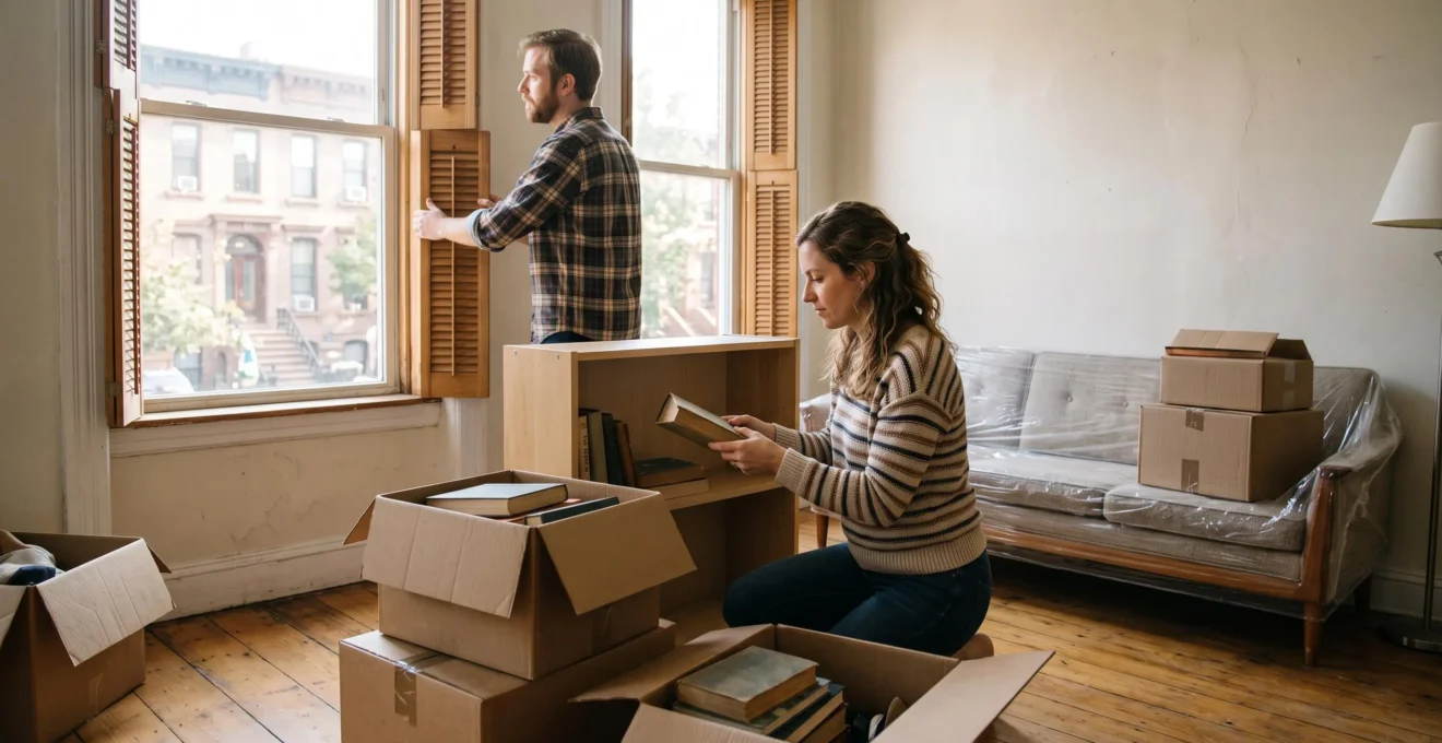 Un couple installe ses cartons dans le salon de sa nouvelle résidence principale.