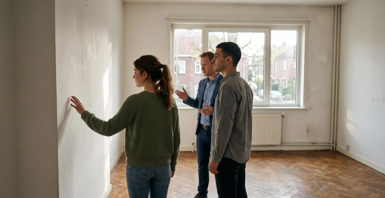 Un couple visite un appartement vide accompagné d'un agent immobilier en plein jour.