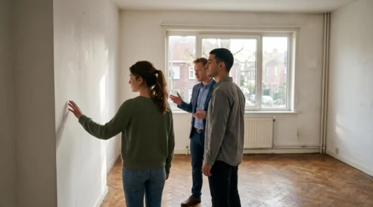Un couple visite un appartement vide accompagné d'un agent immobilier en plein jour.