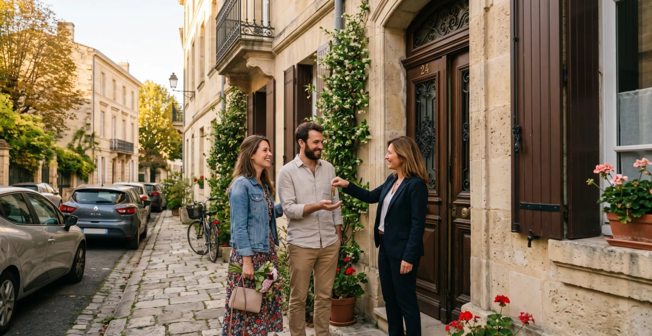 Un courtier remet les clés d'une maison à un couple sur le seuil d'entrée.