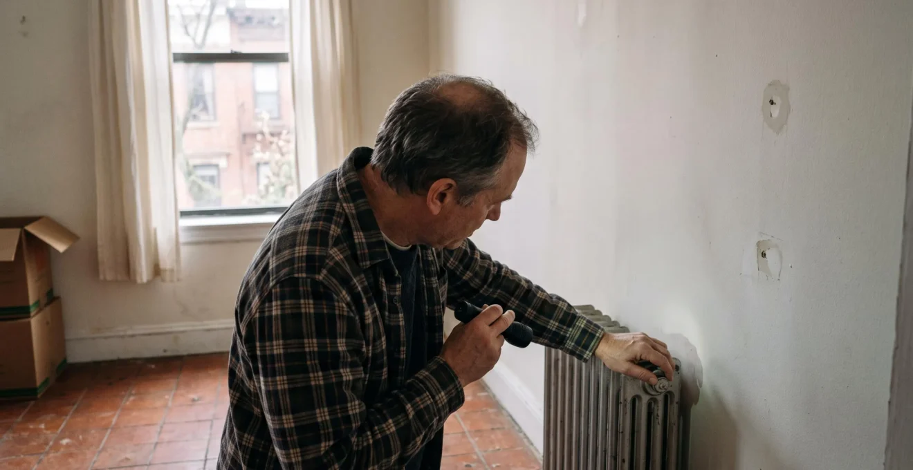 Un propriétaire vérifie un radiateur dans un appartement destiné à la location.